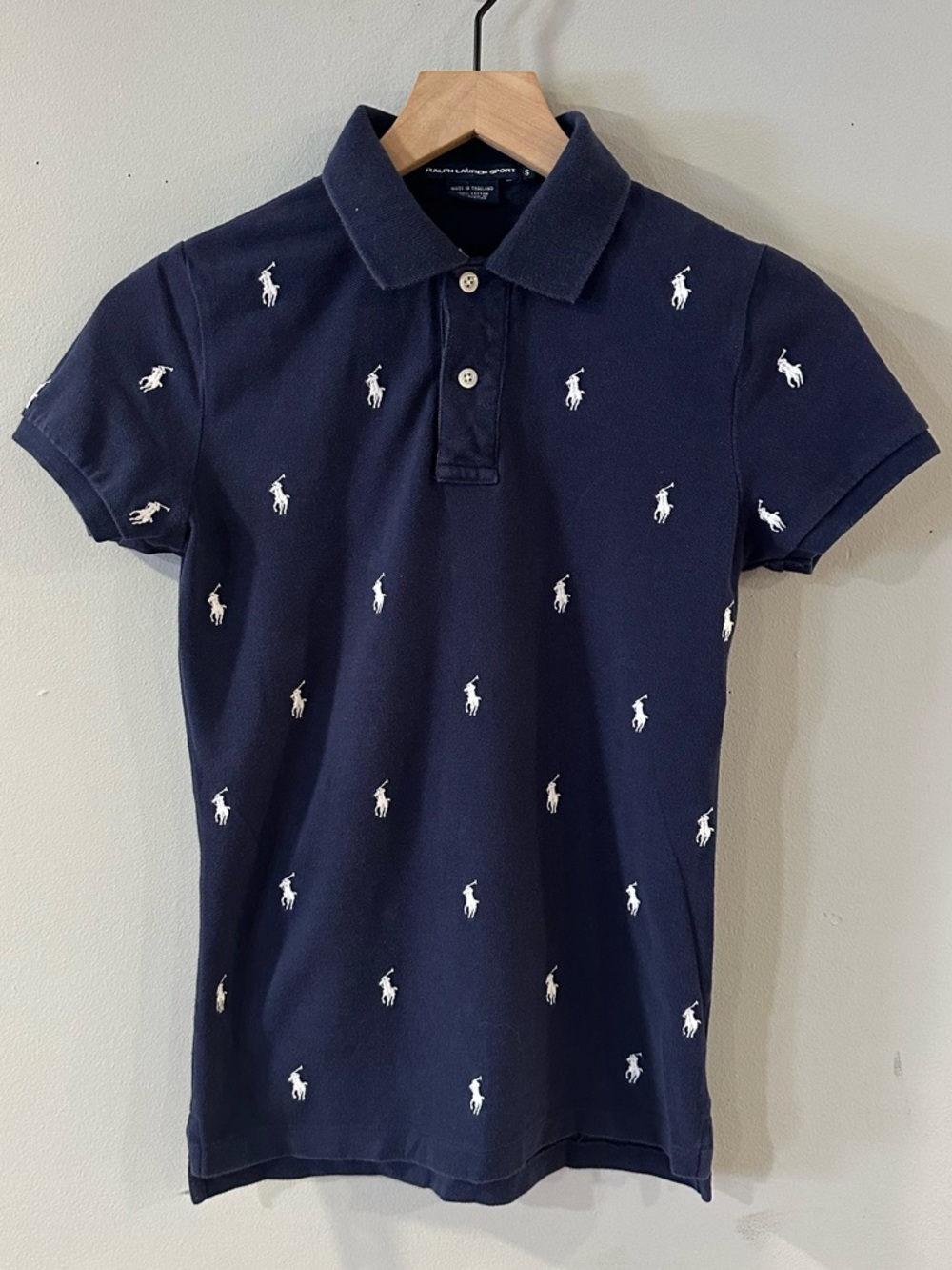 Ralph Lauren Navy Polo Shirt with Allover White Pony Embroidery